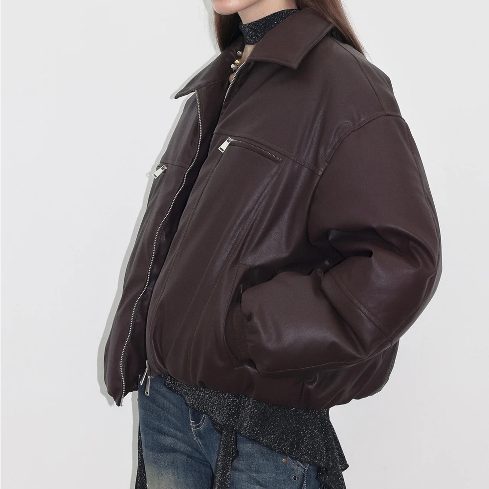 PROD Down Puffer Faux Leather Bomber Jacket